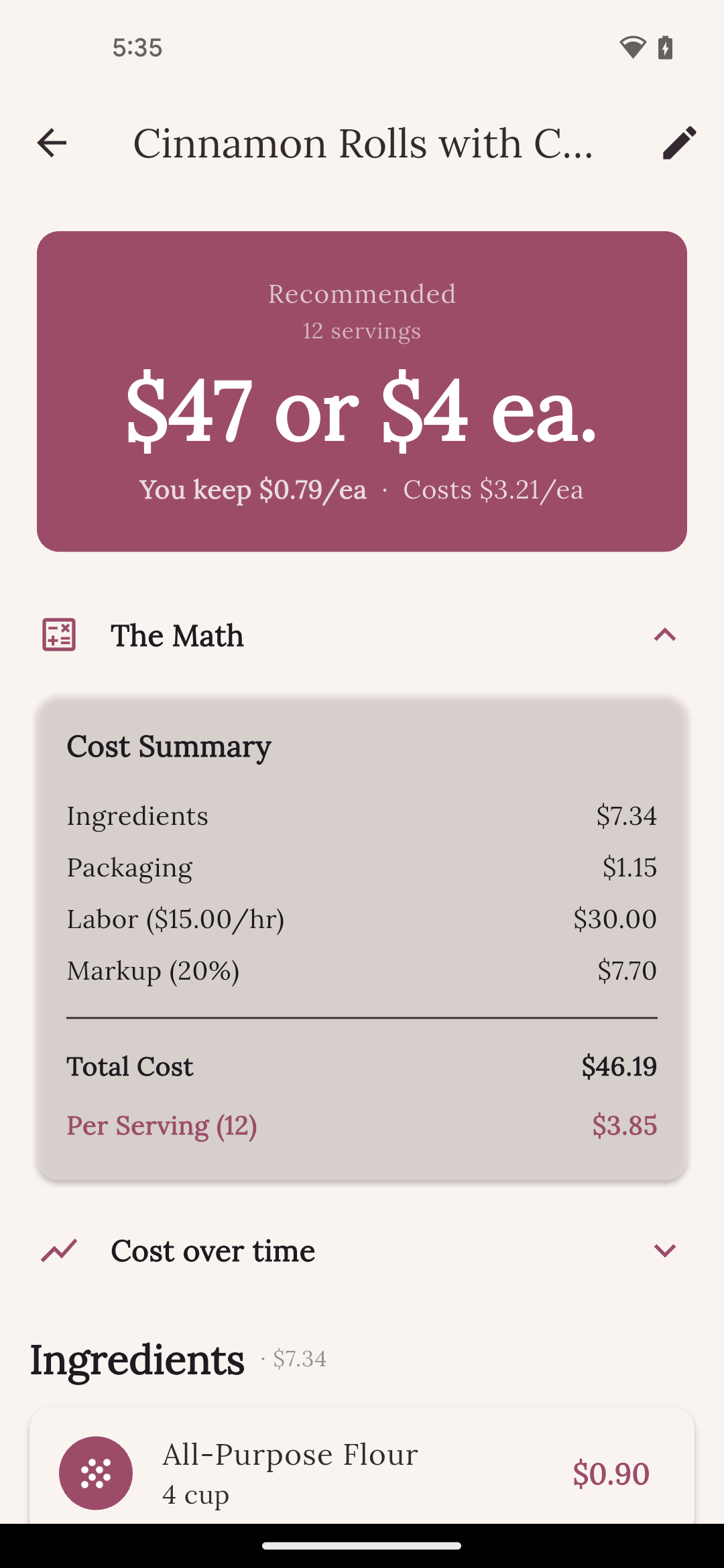 Baker's Buddy recommended price screen
