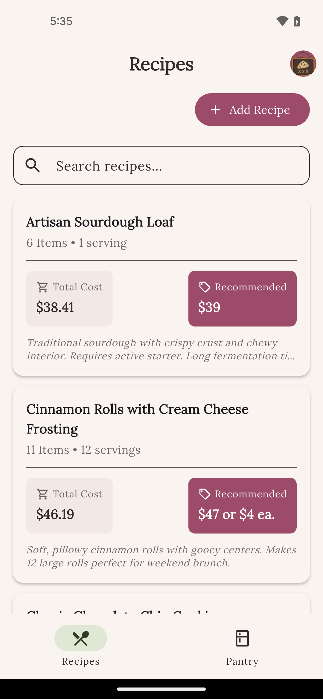Recipes list screen
